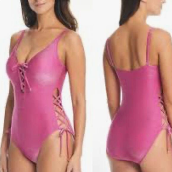 NWT Bar III Shimmer Lace-Up One-Piece Swimsuit, in shimmer pink Size M - Picture 1 of 8
